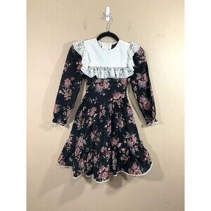 Vintage Miniworld Girls Floral Dress 12 Black Cottage Modest Prairie 90s Party